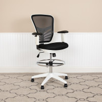 Flash Furniture HL-0001-1CWHITE-GG Mid-Back Black Mesh Ergonomic Drafting Chair with Adjustable Chrome Foot Ring, Adjustable Arms and White Frame
